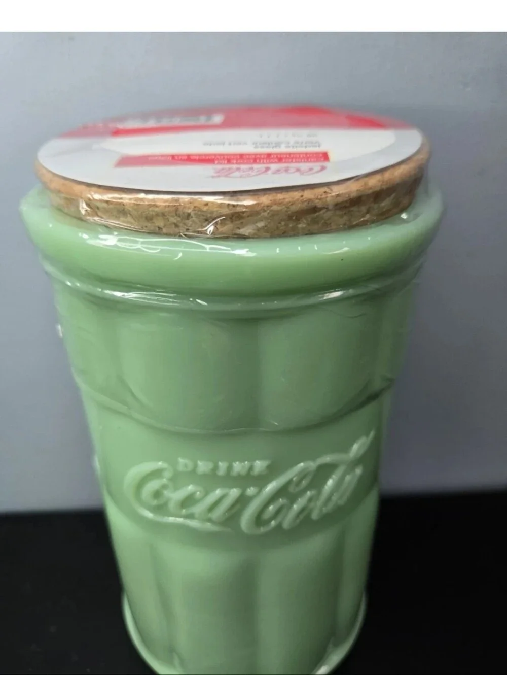 Green Jadeite Coca-Cola Glass Kitchen Canister New/Sealed 38ozw Cork Lid R.E.A.D